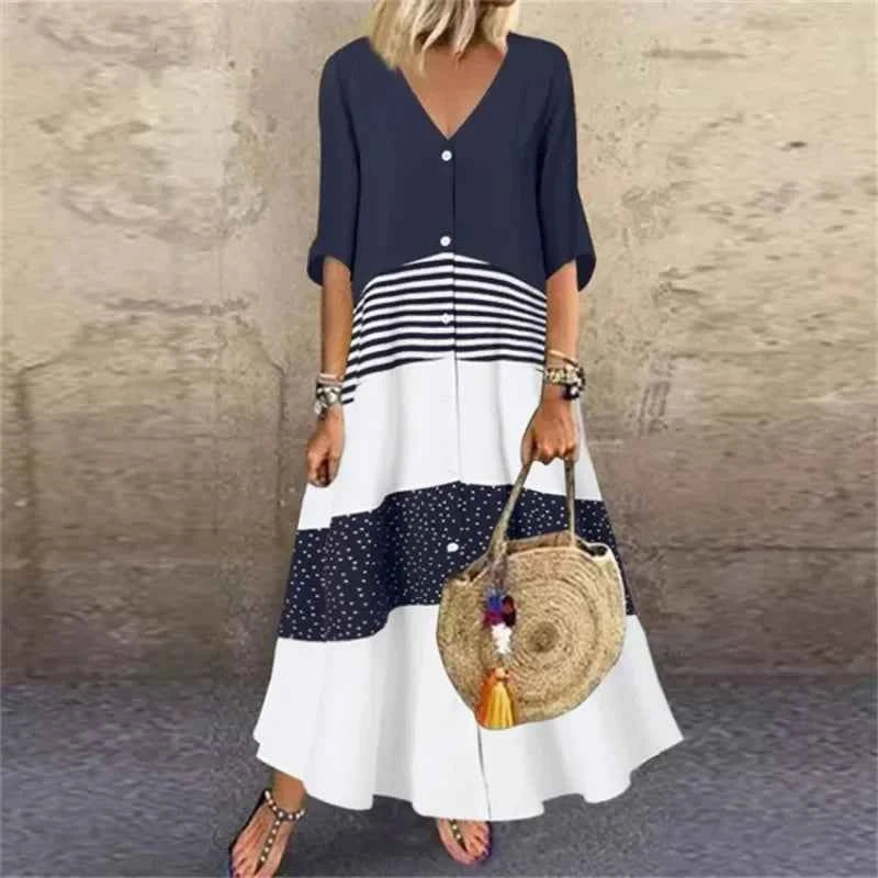 Plus size summer Women's Fashion Short Sleeve Dress V-neck Printed Long Elegant Loose Dress Button Casual Large Women's Dress