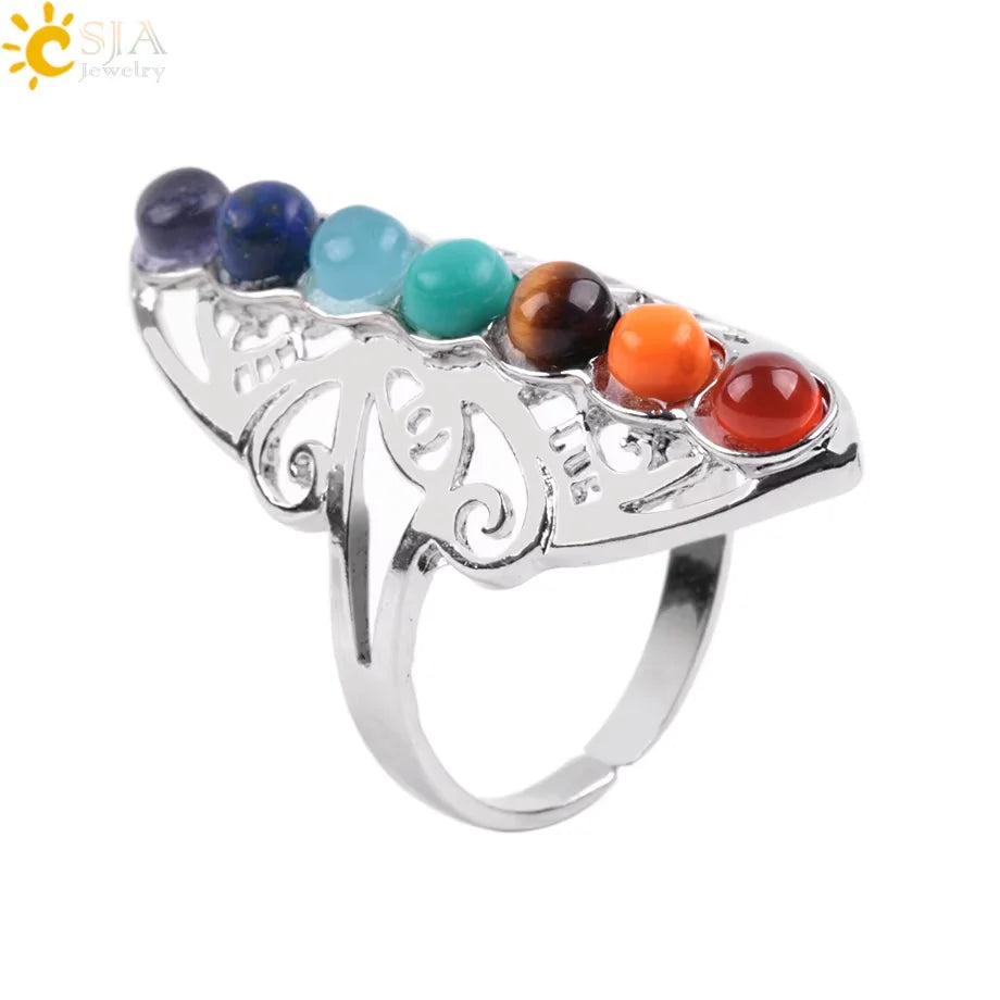 CSJA Reiki Natural Gem Stone Finger Ring for Men Women Pink Quartz Tiger Eye Lapis Lazuli Black Obsidian Party Ring Jewelry E832