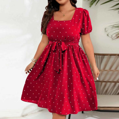 Plus Size Ladies Elegant Retro Polka Dot Waist Tie Square Neck Dress Classic Fashion Summer Short Sleeve Vacation A-line Skirt