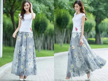 Chiffon Floral Maxi Summer Skirt Women Long High Waist Holiday Dance Skirt Elegant Beach Boho Hot Sale Lady Vintage Girl Fairy