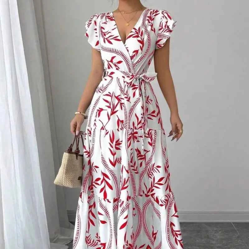 New Summer Women's Printed Lace-up Dress,Short Sleeved Dresses,White Dresses,Elegant Dresses For Ladies,Woman's 2025 Clothing