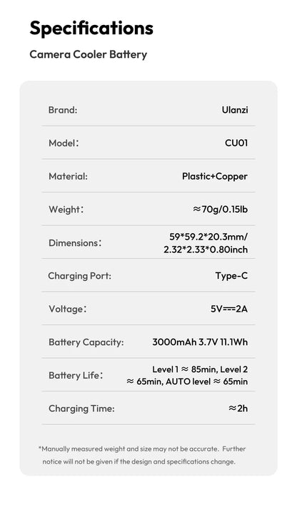 Ulanzi CU01 Thermostatic Semiconductor Camera Cooler Camera Cooling Fan Radiator 4K Recording Kit Heat Sink for Sony Canon Nikon