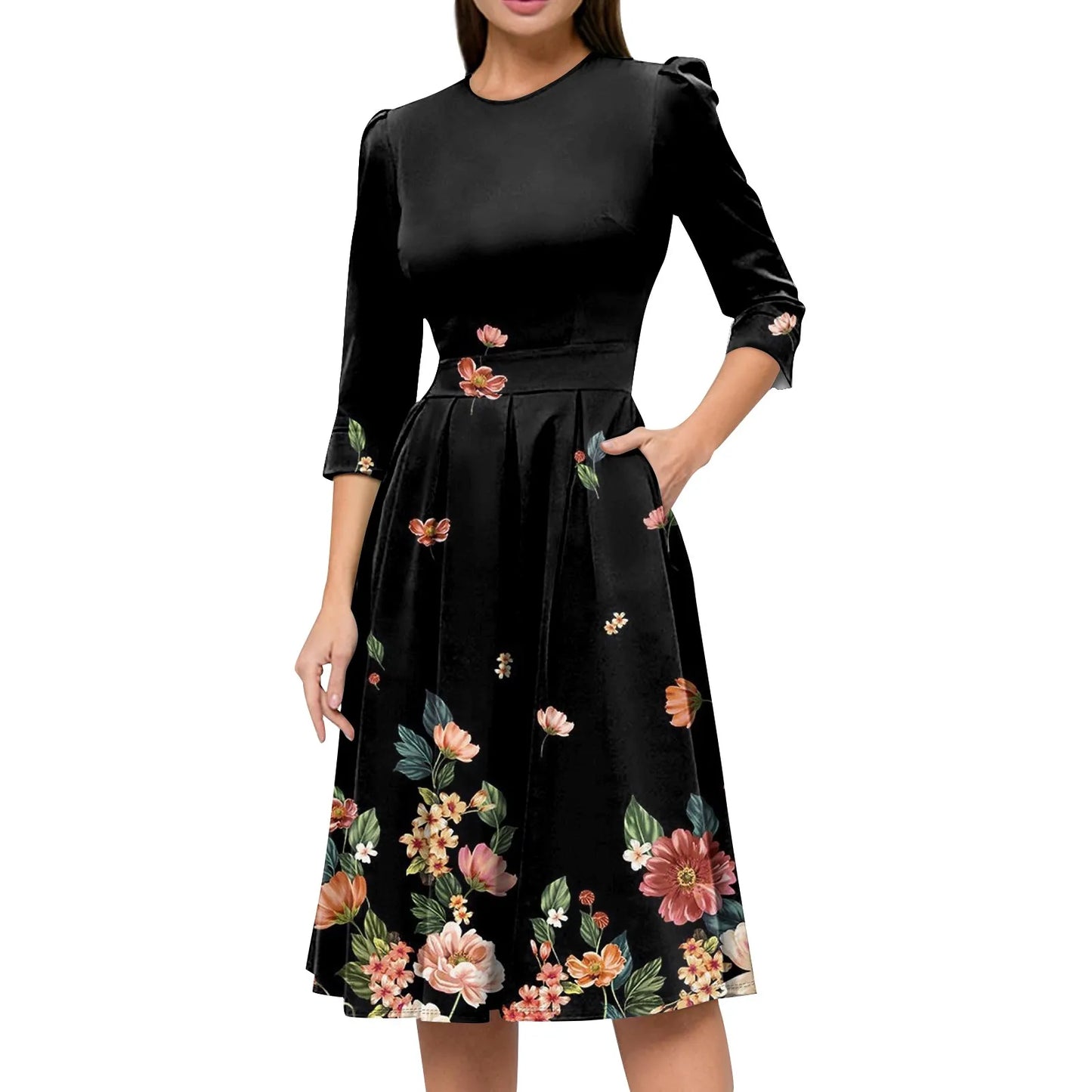 Traf Women 2025 Women'S Casual And Fashionable 3/4 Sleeve Pocket With Back Zipper Dress