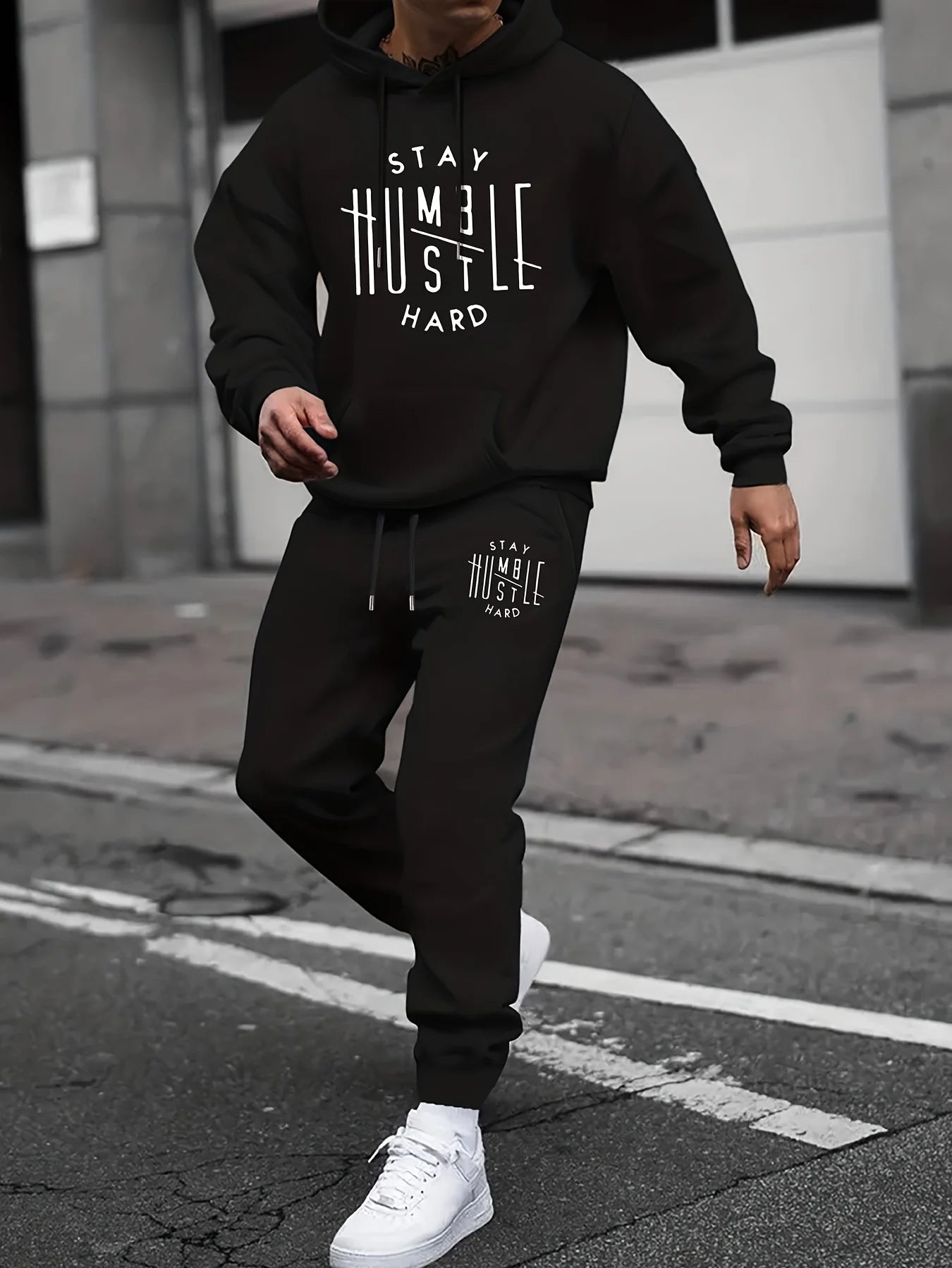 Men's Autumn/Winter Casual Fashion Warm Alphabets Pattern Printed Loose Thick Velvet Hoodie+Sports Pants Set