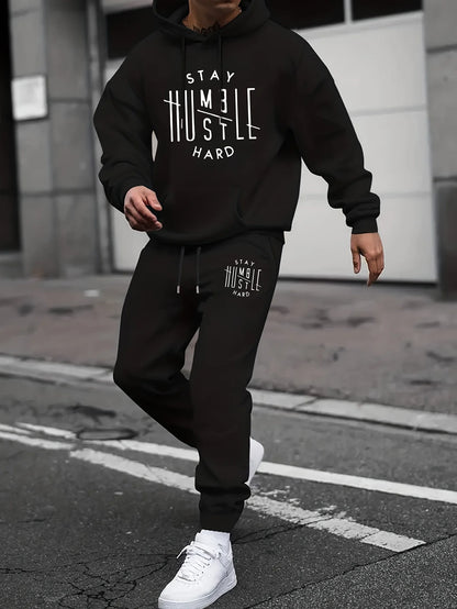 Men's Autumn/Winter Casual Fashion Warm Alphabets Pattern Printed Loose Thick Velvet Hoodie+Sports Pants Set
