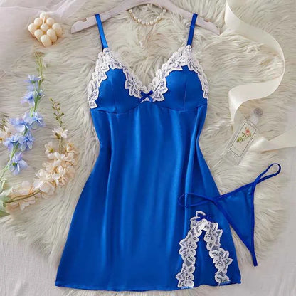 Deep V Women Nightdress Light Purple Sexy Adult Lace Bow Temptation Lingerie Gentle Erotic Clothing Dress Babydoll Underwear Set