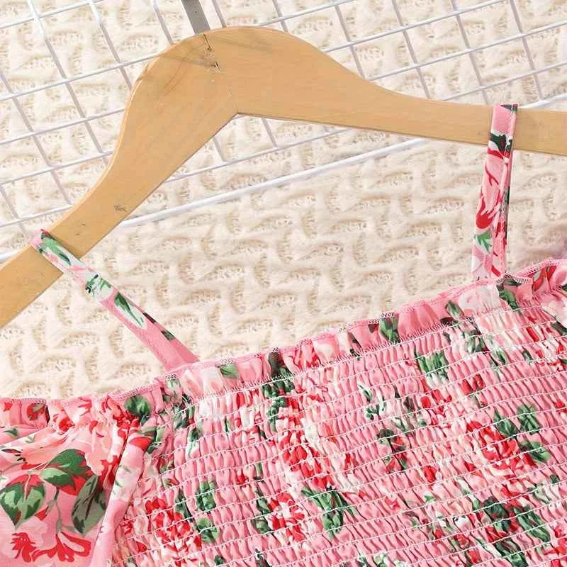 Two Piece Summer Girl Cute Breathable Shoulder Strap Printed Short Sleeved Skirt Pants Princess Birthday Party Costume Set