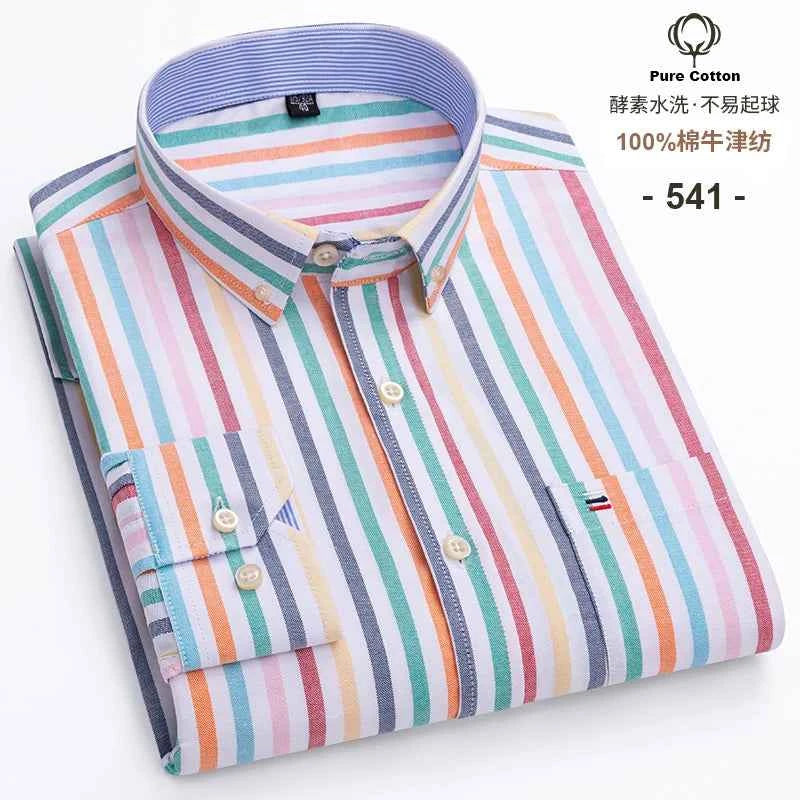 100% Cotton Oxford Men's Shirts Long Sleeves Plaid Soft Regular Fit Formal Dress Shirt Pocket Social Blouse Male Clothes S-7XL