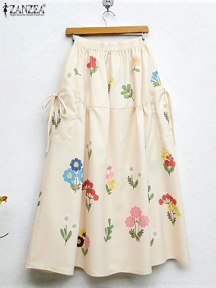 2025 ZANZEA Fashion Women Maxi Skirts Autumn Long Bottoms Floral Print Holiday Elastic Waist Casual Oversized Jupes Faldas Saia