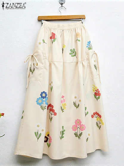 2025 ZANZEA Fashion Women Maxi Skirts Autumn Long Bottoms Floral Print Holiday Elastic Waist Casual Oversized Jupes Faldas Saia