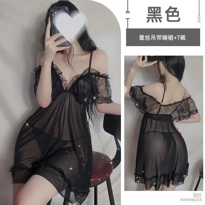 Sexy Sleepwear Women V-neck Nightgown Sexy Nightdress Lace Mesh Pajama Loungewear Summer Dress Nightwear Night Wear
