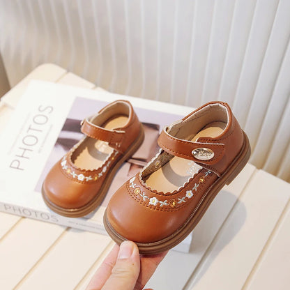 Toddler Girl's Mary Janes Flower Embroider Shallow Sweet Children Leather Shoes Three Colors Hook-loop Comfy Kids Shoe 21-30 - AMULET RING STORE