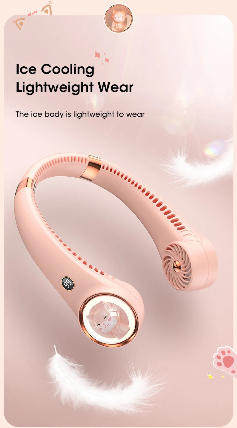 Bladeless Neck Fan 2000mAh USB Rechargeable Digital Display Cute Cat Hanging Mini for Travel Office