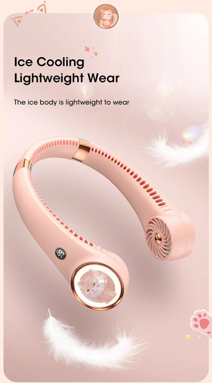 Bladeless Neck Fan 2000mAh USB Rechargeable Digital Display Cute Cat Hanging Mini for Travel Office