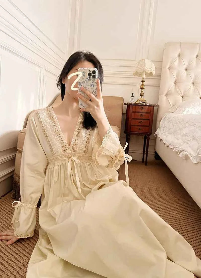 Vintage Embroidery Cotton Long Nightgowns For Lady Lace  Long Sleeve Beige Elegant Nightshirts Comfortable Sexy Night Dress