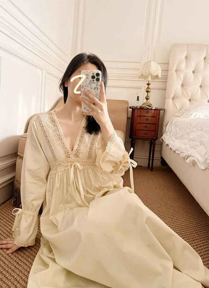 Vintage Embroidery Cotton Long Nightgowns For Lady Lace  Long Sleeve Beige Elegant Nightshirts Comfortable Sexy Night Dress