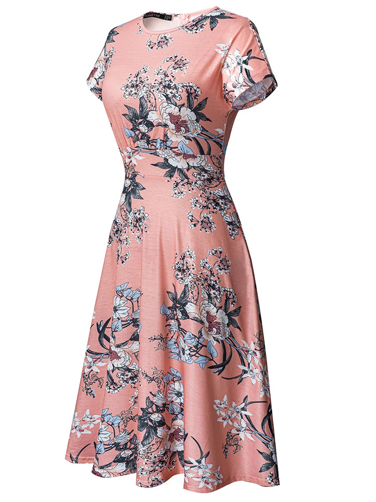 Nice-forever Vintage Elegant Floral Print Pleated Round neck vestidos A-Line Pinup Business Party Women Flare Swing Dress A102