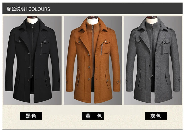 Men's Double Collar Wool Coat  Fashion Handsome Autumn Winter Business Style High Quality Middle-aged Men's Fashion Woolen Coat