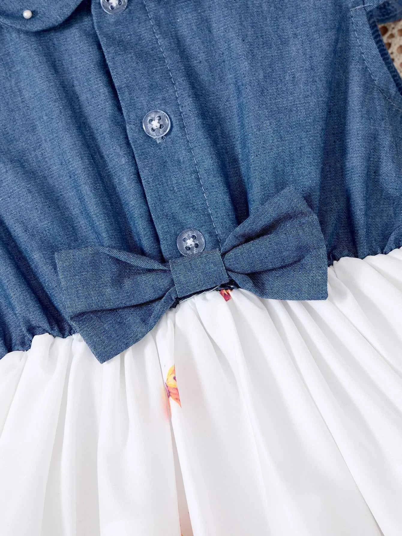 New Kids Girl Dress Summer Floral with Bow Fashion White Vestidos Short Sleeve Children Clothing Outfits Casual Printed  Dresses