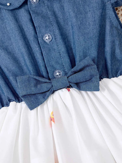 New Kids Girl Dress Summer Floral with Bow Fashion White Vestidos Short Sleeve Children Clothing Outfits Casual Printed  Dresses