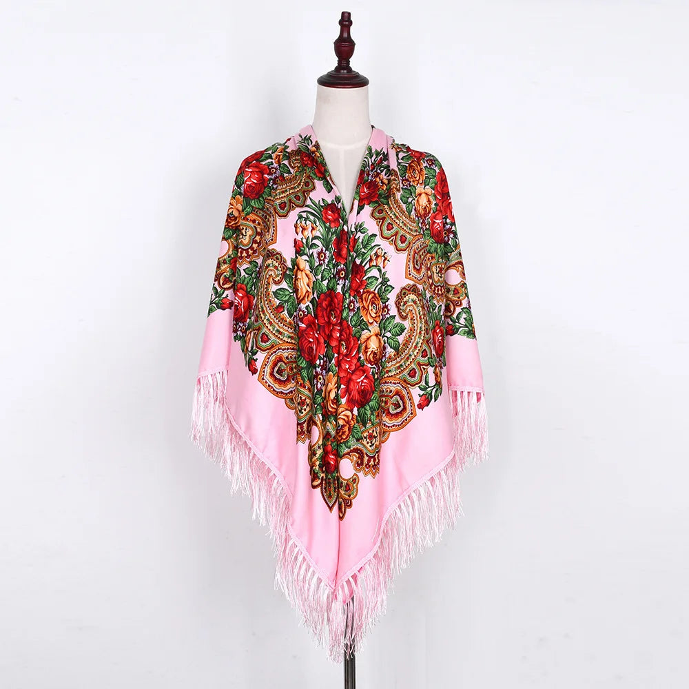 Russian Scarf Head Wrap for Women Luxury Ukrainian Manila Shawls Folk Cotton 160cm National Shawl Floral Print Travel Bandana - AMULET RING STORE