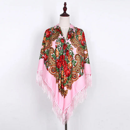 Russian Scarf Head Wrap for Women Luxury Ukrainian Manila Shawls Folk Cotton 160cm National Shawl Floral Print Travel Bandana - AMULET RING STORE