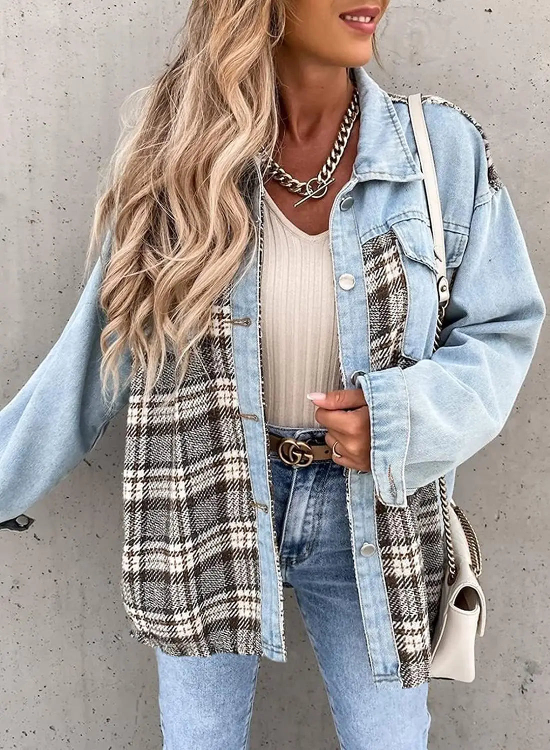 Autumn and Winter Long Sleeved Plaid Color Block Shaking Button Shirt Collar Denim Jacket for Women - AMULET RING STORE