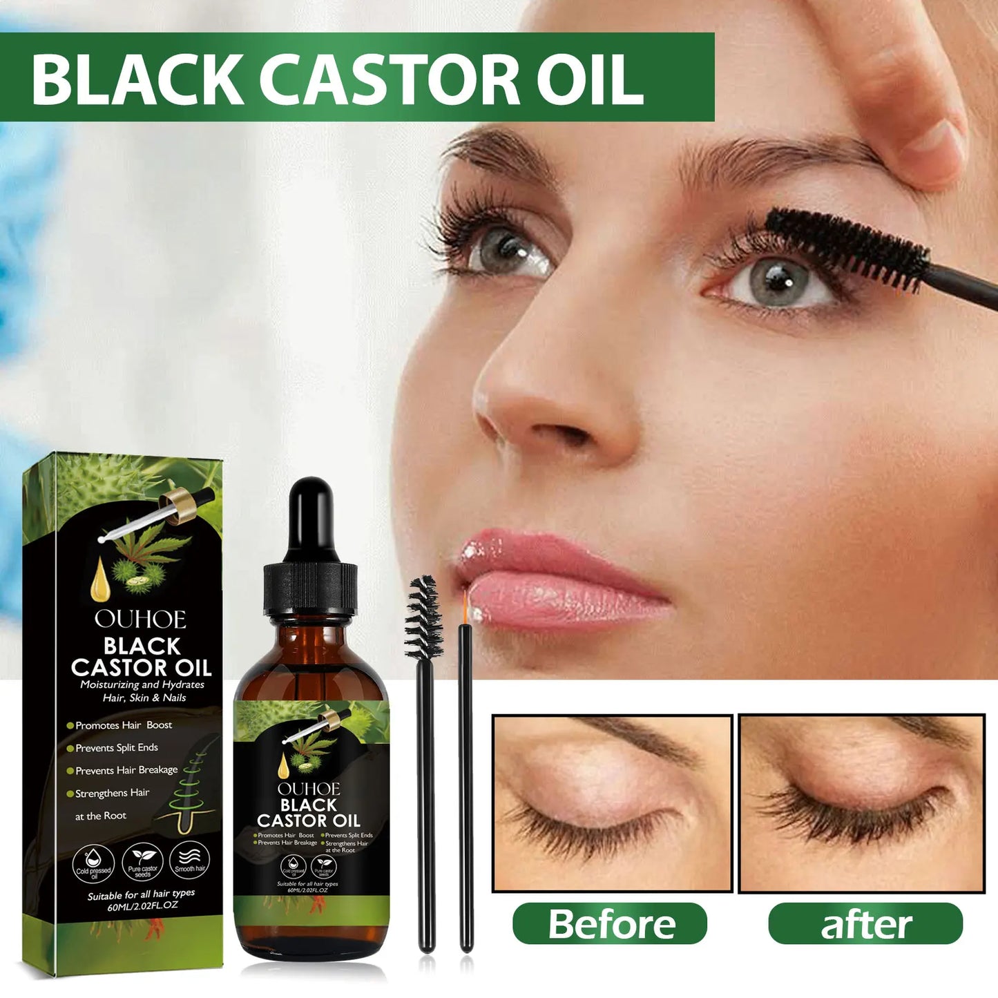OUHOE Black Castor Oil 100% Organic Moisturize Hair Growth Serum Prevent Hair Loss Soft Bright Dense Hair Care Essential Oil