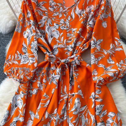 Elegant Boho Floral Print Floral Pleated Maxi Long Dress Female V Neck Puff Sleeve Belt Dresses Women Summer Dress Robe