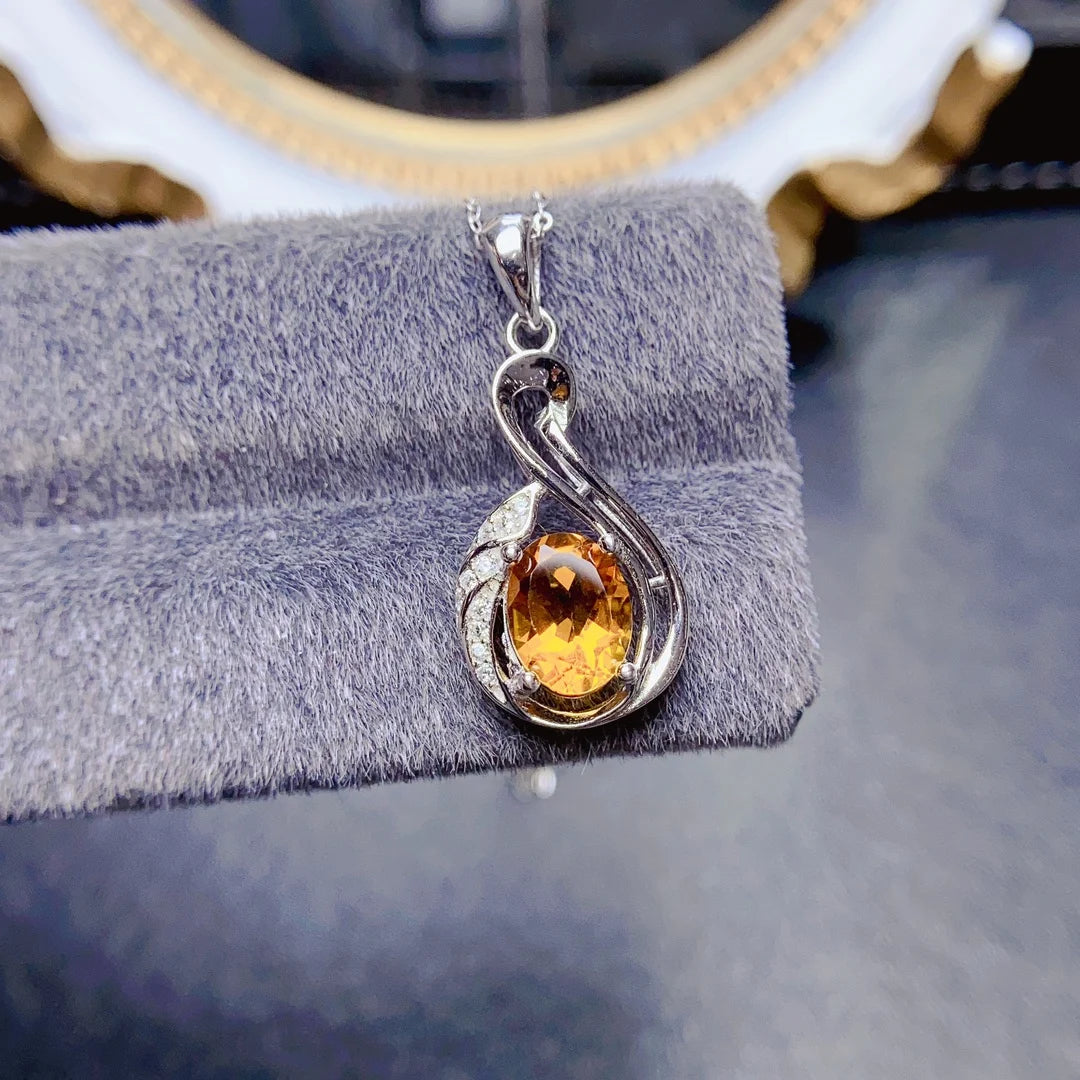 FS S925 Sterling Silver 7*9mm Natural Citrine Pendant Necklace With Certificate Fine Charm Weddings Jewelry for Women MeiBaPJ