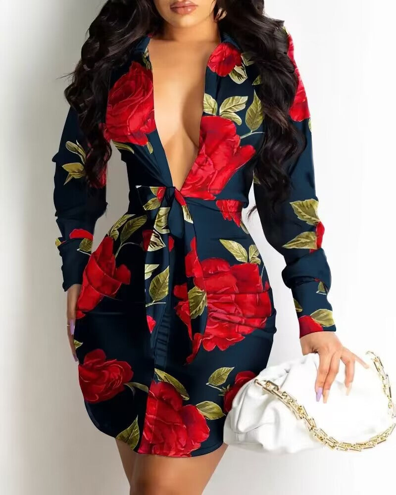 2023 New Women's Professional Style Office Wrap Hip Elegant Dress Lapel Waist Tie Long Sleeve Mid Length Pullover Shirt Dress - AMULET RING STORE