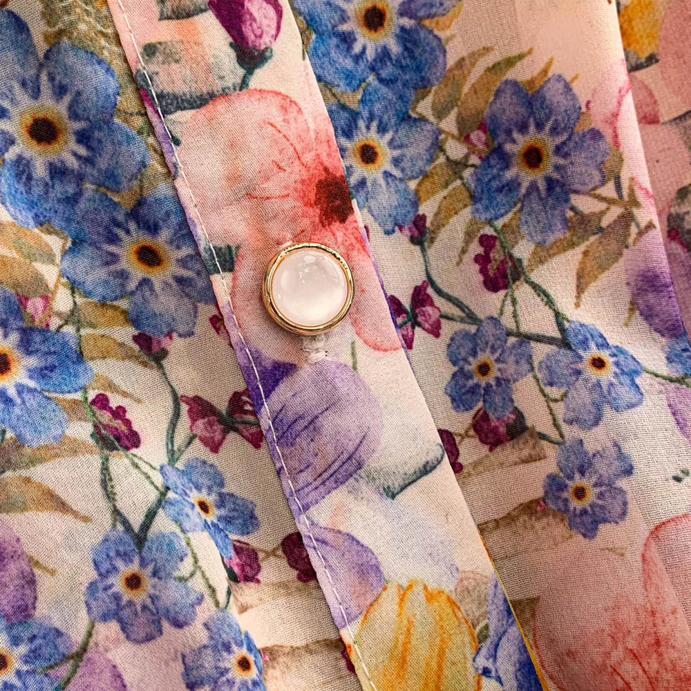 Faionable Print Long Dr Women's Spring Belted Waist Pleated Lantern Sve Turn-down Collar Dr Korean Sle Commute