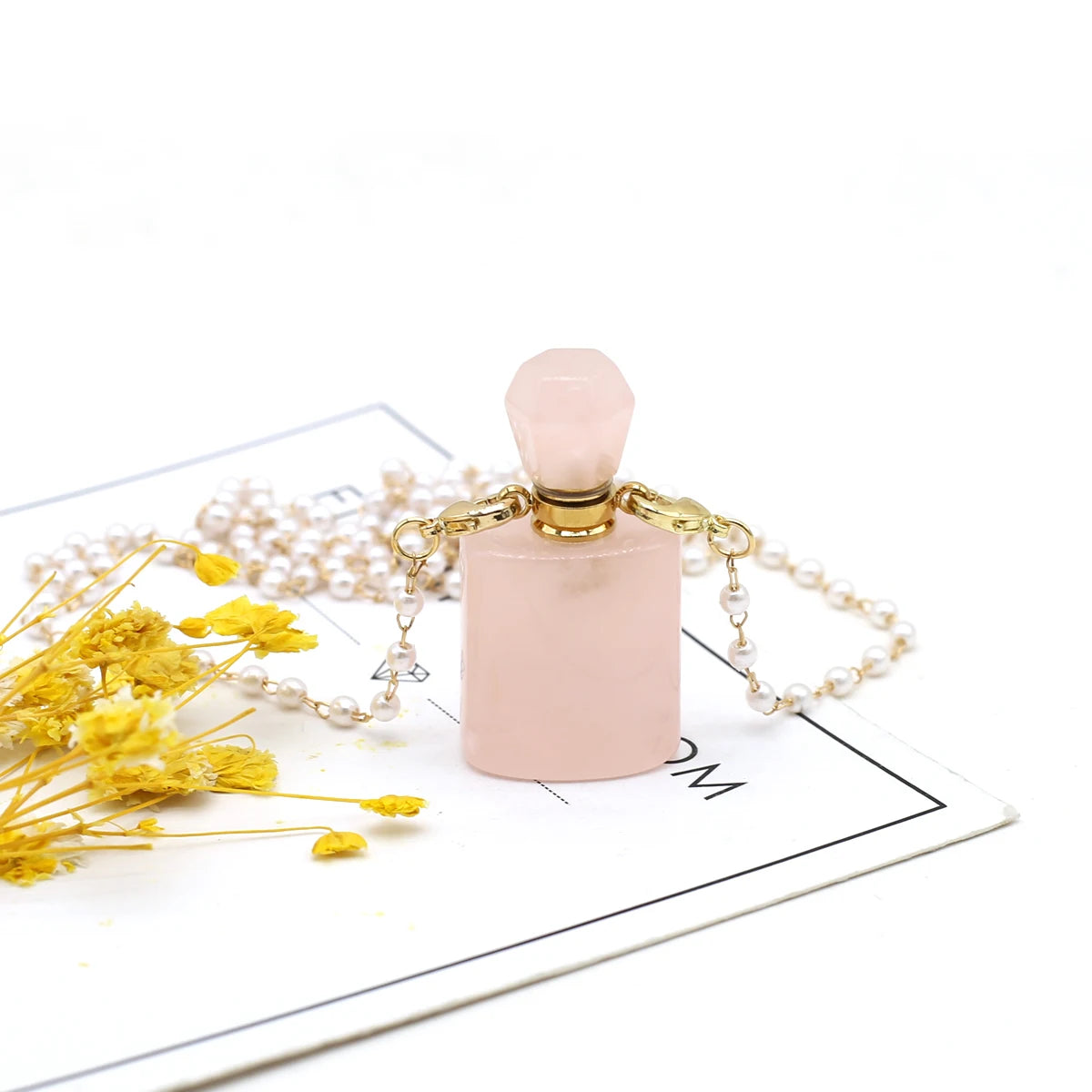 Natural Stone Rose Quartz Perfume Bottle Essential Oil Diffuser Reiki Healing Exquisite Necklace Jewelry Gift - AMULET RING STORE
