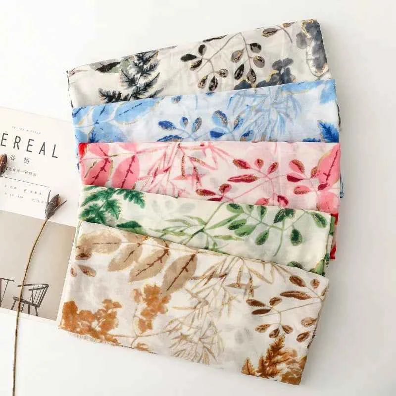 Winter Lurex Leaf Floral Fringe Cotton Viscose Shawls Scarf Lady High Quality Wrap Pashmina Stole Bufandas Muslim Hijab 180*90Cm