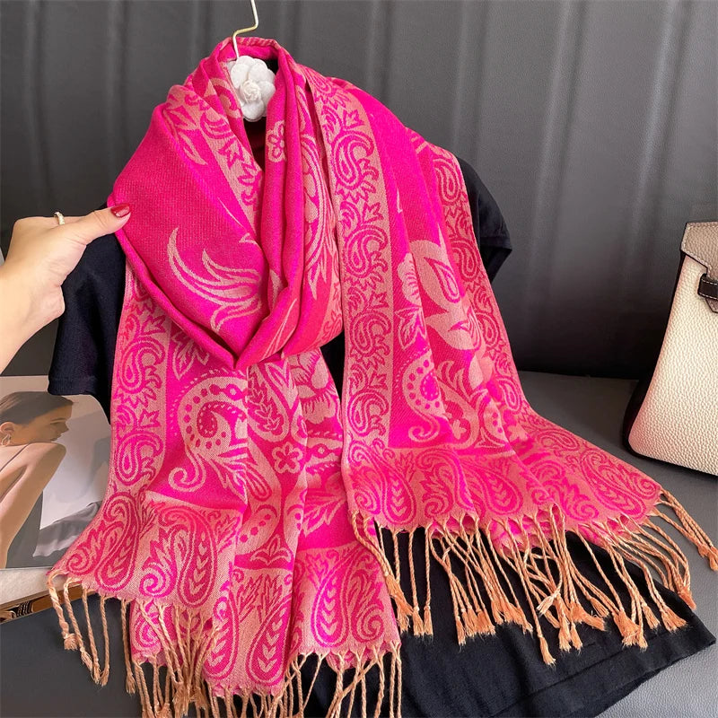 Women National Style Flower Pattern Scarf Jacquard Pashmina Cashmere Tassel Classic Shawl Coldproof Warm Neck Protection
