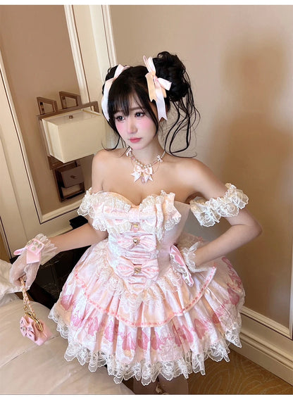 Sweet Princess Style Birthday Anniversary Wedding Dress New Lolita Cute Bow Sexy Strapless Girl Temperament Puffy Lace Dresses