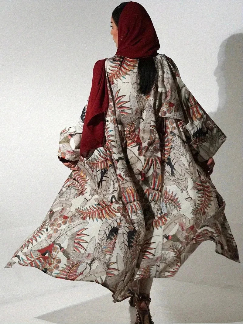 Middle Eastern Loose Printed Floral Abaya Muslim Full Sleeve Open Front Abayas Women Jilbabs Islamic Maxi Dresses Turkey Kaftans - AMULET RING STORE