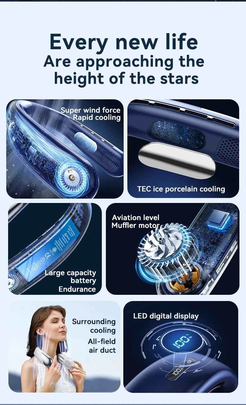 Portable Neck Fan 10000mAh Mini Bladeless Silent Neckband Fan USB Rechargeable 3 Speeds Mute Wireless Electric Neck Cooler Fans