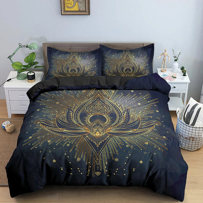 2/3pcs Bed Set Bohemian Lotus Duvet Cover Set Mandala Flower Quilt Cover Adult Black Polyester Bedding Set Queen King Twin Teens - AMULET RING STORE
