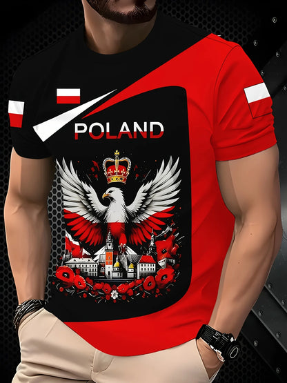 Men's 3D Eagle & Polish Flag Graphic T-Shirt - Patriotic Poland Design Black with Red & White Accents Casual Round Neck Tee - AMULET RING STORE