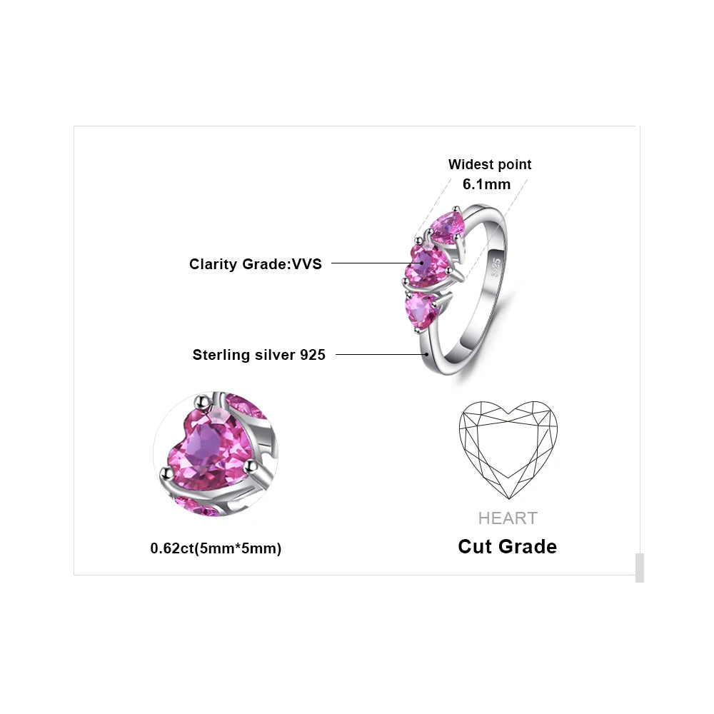 JewelryPalace Love Heart 1.2ct Created Pink Sapphire 925 Sterling Silver 3 stone Ring for Women Fashion Engagement Wedding Gift