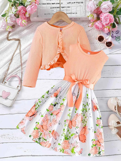 A cute solid-color long-sleeved coat paired with a sleeveless floral butterfly ly Pattern Dress For Girls' Fashion Two-Piece Set