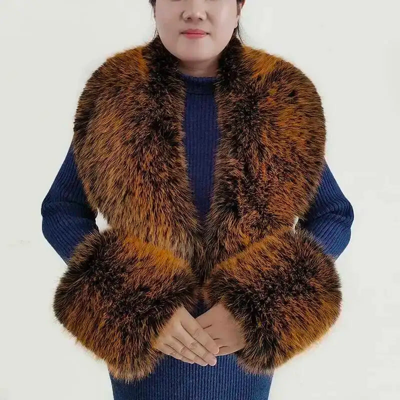 Large Winter Faux Fox Fur Scarf Women Jackets Warm Fluffy Shawl Fashion Artificial Fur Collar And Cuff Set Fluffy Scarves Female