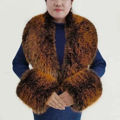 Large Winter Faux Fox Fur Scarf Women Jackets Warm Fluffy Shawl Fashion Artificial Fur Collar And Cuff Set Fluffy Scarves Female