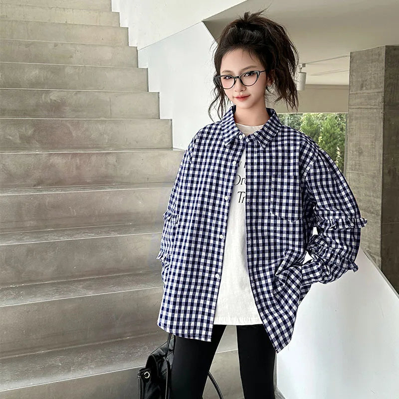 2025 Spring Girls Plaid Shirt Comfort Fashion Teen Kids Tops Clothes Casual All-match Long Sleeve Children Blouse 10 12 13 Years