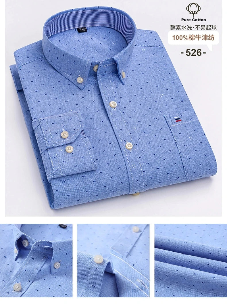 100% Cotton Oxford Men's Shirts Long Sleeves Plaid Soft Regular Fit Formal Dress Shirt Pocket Social Blouse Male Clothes S-7XL
