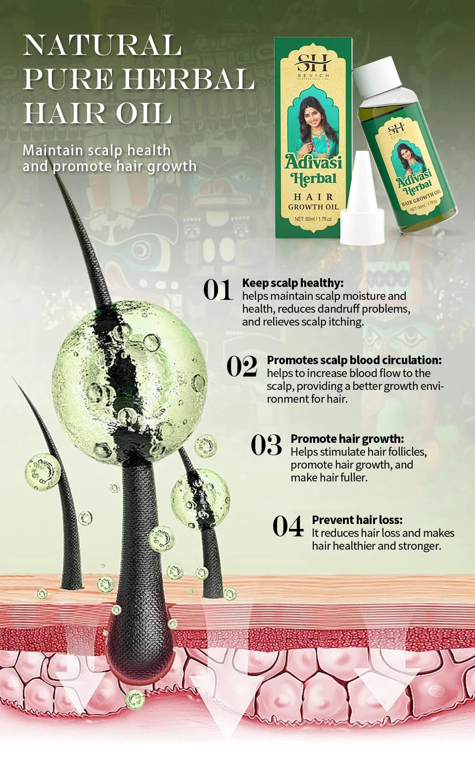 Sevich India Herbal Hair Growth Oil And Scalp Massager Comb Tool Set Ayurvedic Adivasi Fast Regrowth Thicken Serum Hair Growing - AMULET RING STORE