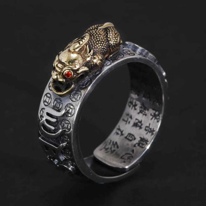 Vintage Pure Silver 999 Six Words Heart Sutra Ring Men's Adjustable Golden Pixiu Vajra Buddhist Religious Fine Jewelry