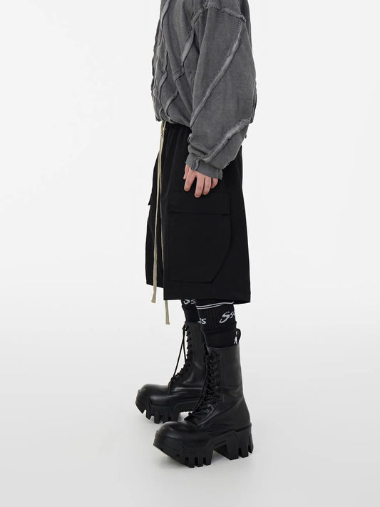 Mauroicardi Spring Summer Cool Handsome Hard Black Cargo Shorts for Men High Waist Drawstring Short Straight Pants Clothes 2025