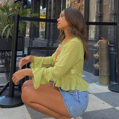 Vintage 90s Streetwear Ruffles Trim Green Chiffon T-shirts Y2K Fashion Sexy Deep V Lace Up Long Sleeve Tops Transparent - AMULET RING STORE